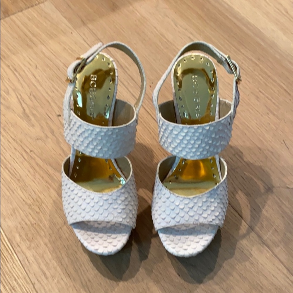 Cream snakeskin and wood platform sandals